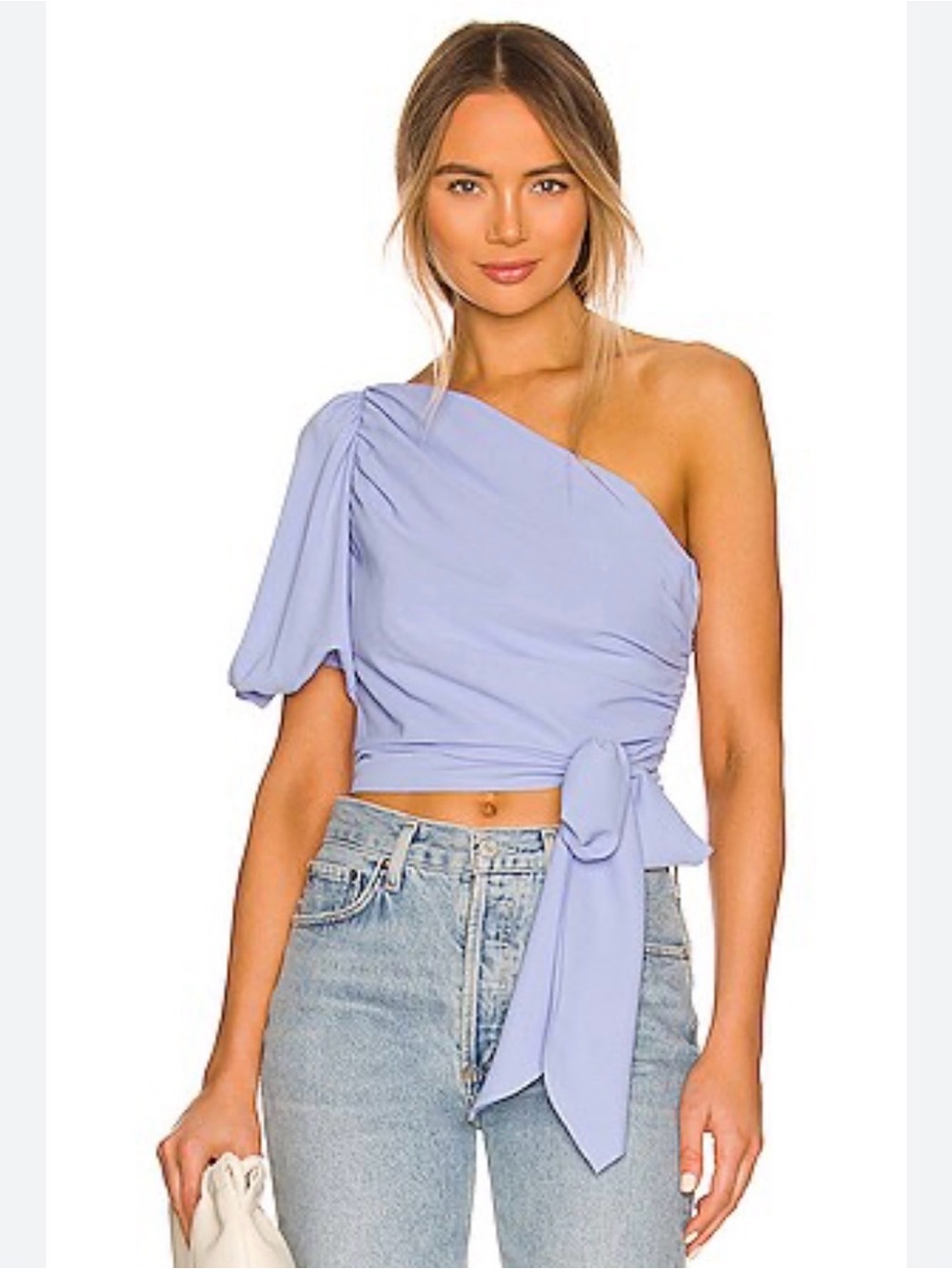 Amanda Uprichard One-Shoulder Lavender Tie-Waist Crop Top